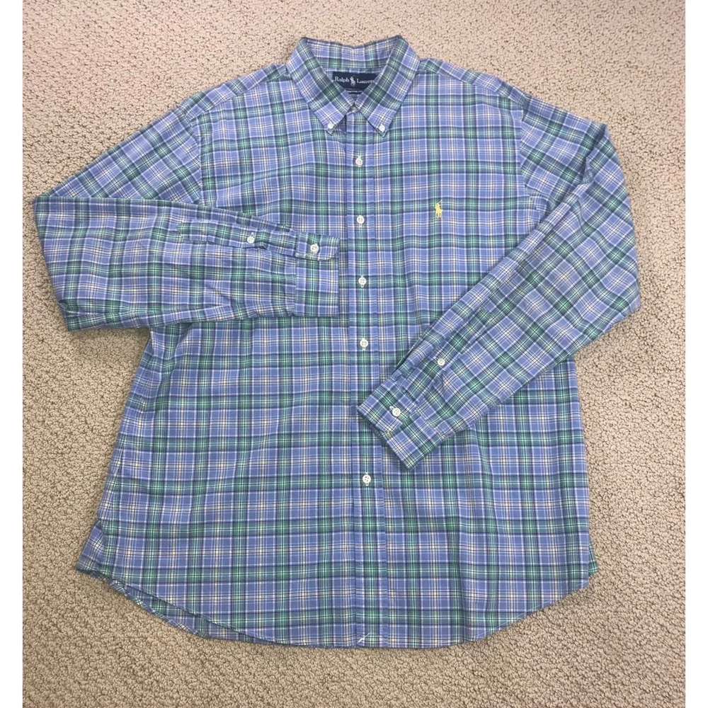 Ralph Lauren Mens XL‎ Custom Fit Plaid Button Down Shirt Blue Green Long Sleeve